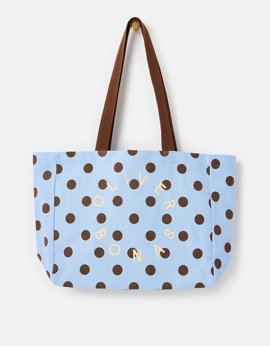 Light Blue & Brown Polka Dot Logo Fabric Tote Shopper Bag